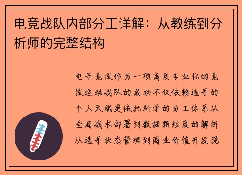 电竞战队内部分工详解：从教练到分析师的完整结构