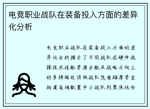 电竞职业战队在装备投入方面的差异化分析